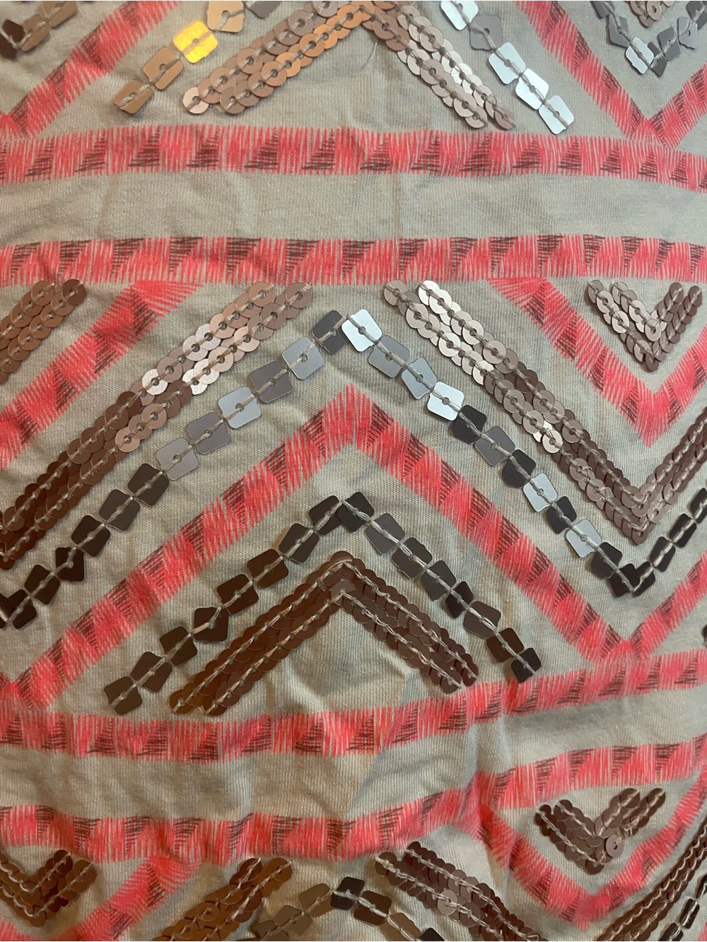 Express Beige Pencil Skirt with Coral and Metallic Sequin Accents